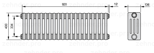 Схема (чертеж) Радиатор Zehnder Charleston 4040/20 №1270 Белый глянцевый RAL 9016